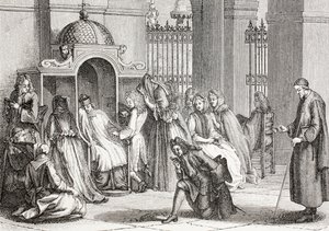 Mensen in de kerk verzameld rond de priester, wachtend om hun biecht af te leggen, naar een werk van Bernard Picart, uit 